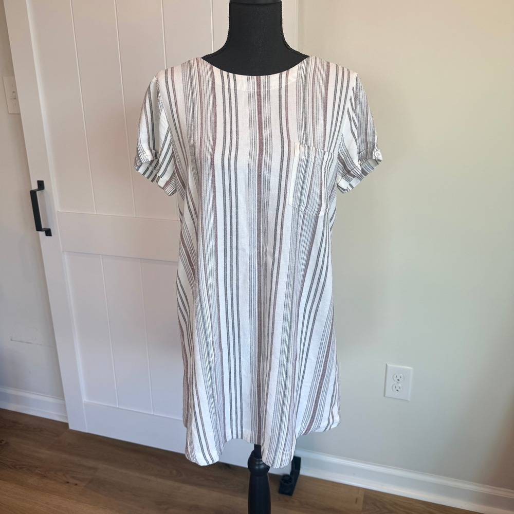 Anthropologie Cloth & Stone Striped Rayon Linen Shift Dress Back Button Size M